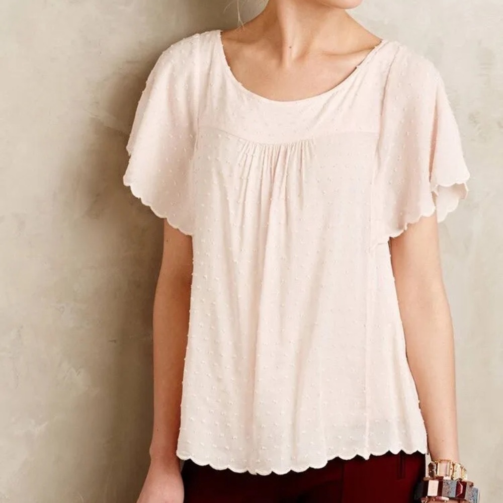 Anthropologie Keme Dotted Tee Pink Peach Swiss Dot Flutter Sleeve Top